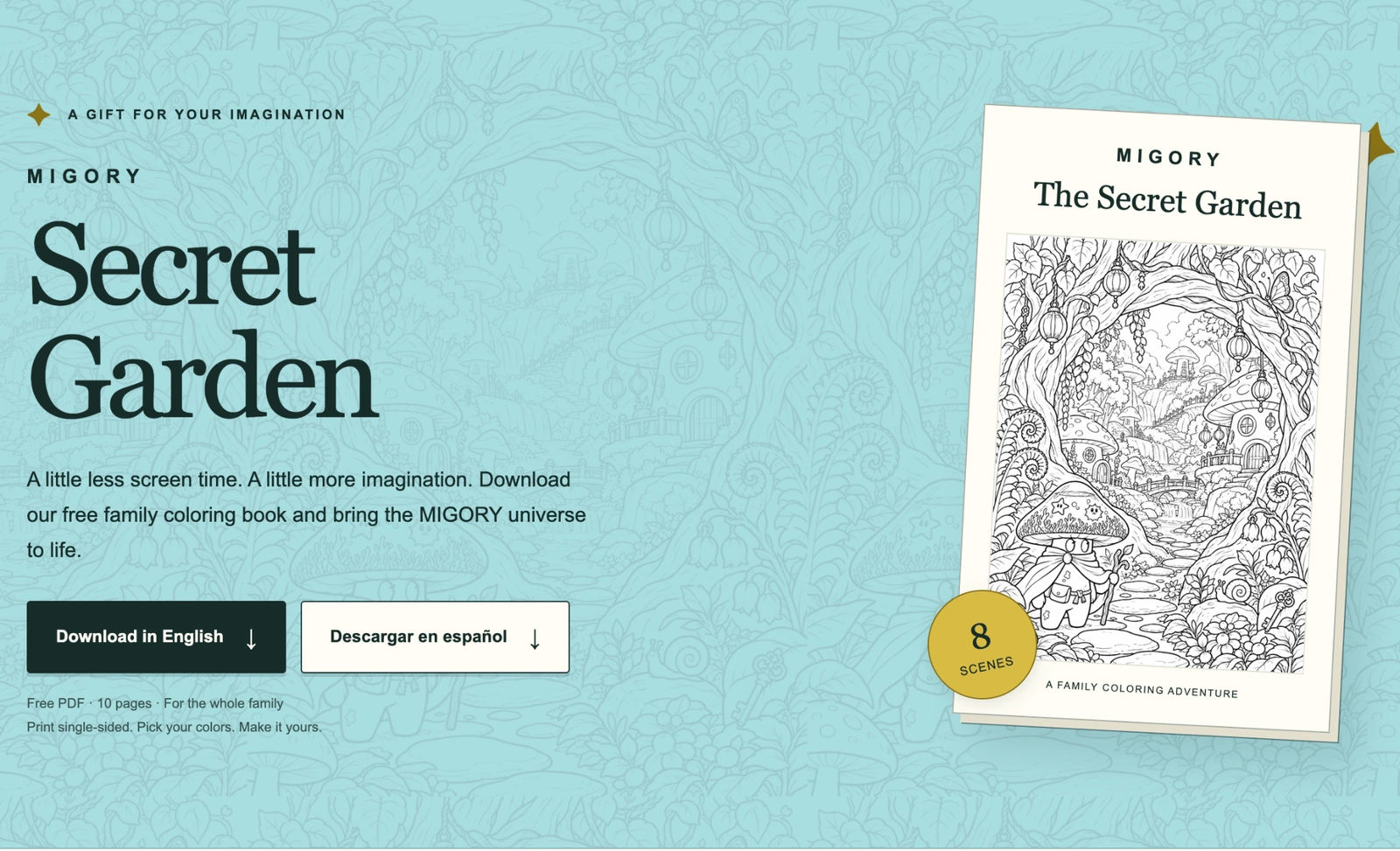 MIGORY Secret Garden coloring book with its English cover and free download options.