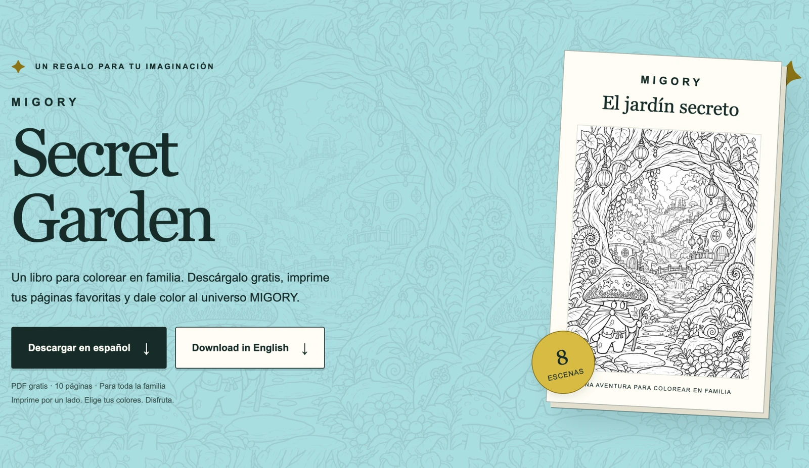 Libro para colorear MIGORY Secret Garden, con su portada El jardín secreto y opciones de descarga gratuita en español.