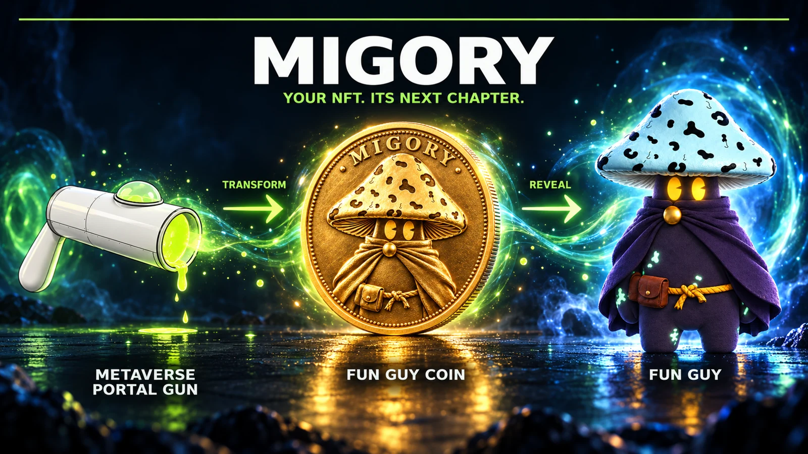 MIGORY: a Metaverse Portal Gun unlocks a Fun Guy coin, followed by the character reveal.