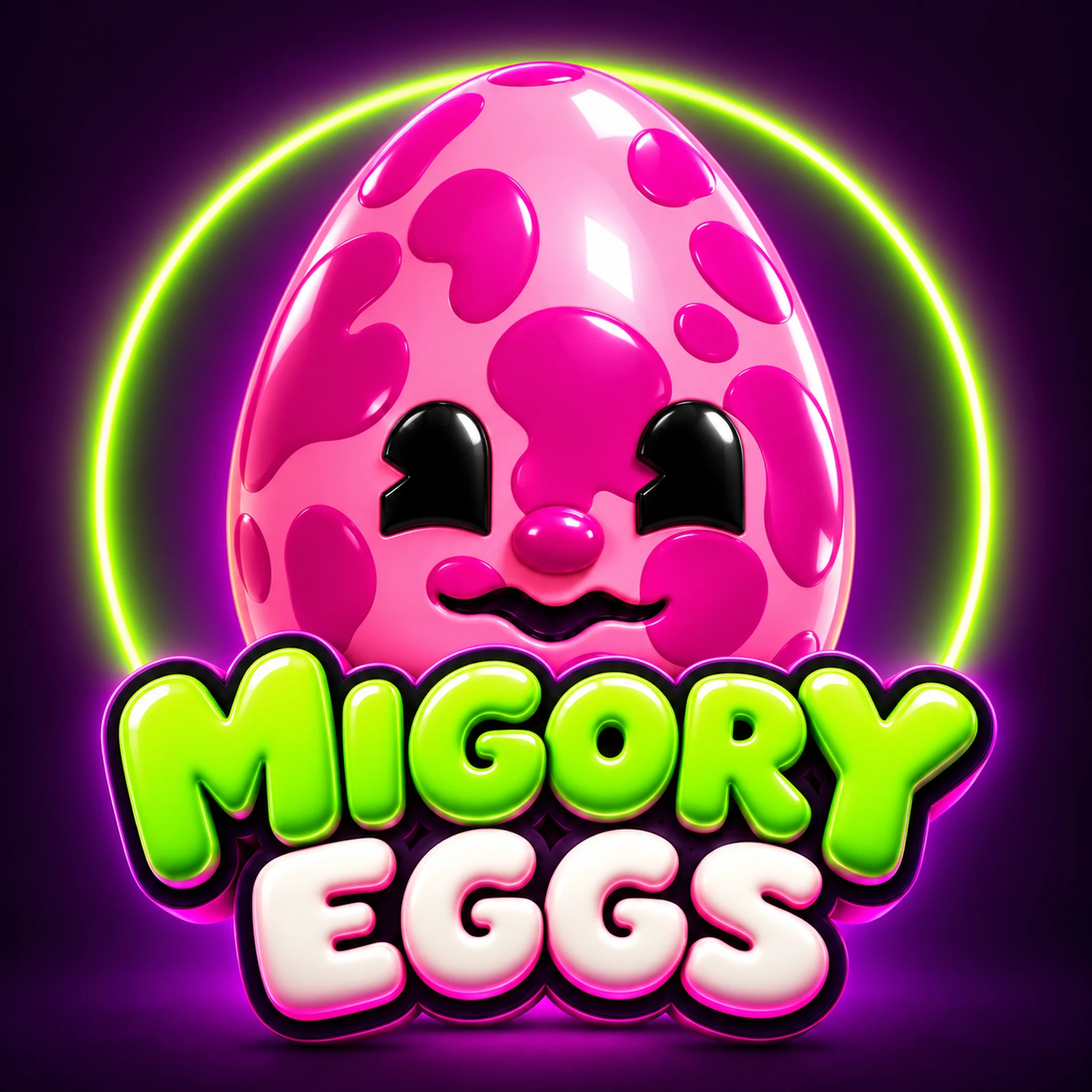 Pink Migory Egg with the MIGORY EGGS logo and a glowing green ring.