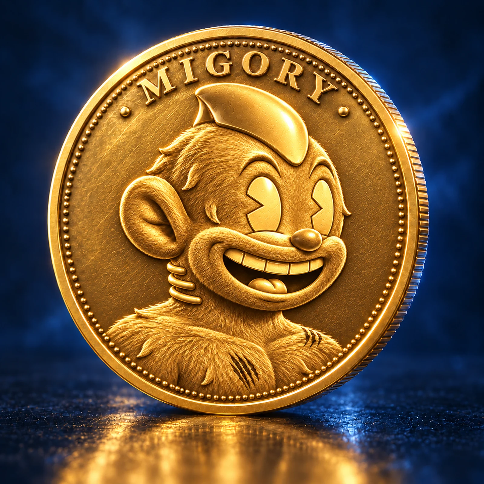 Gold MIGORY Plastik coin with a smiling character against a dark blue background.