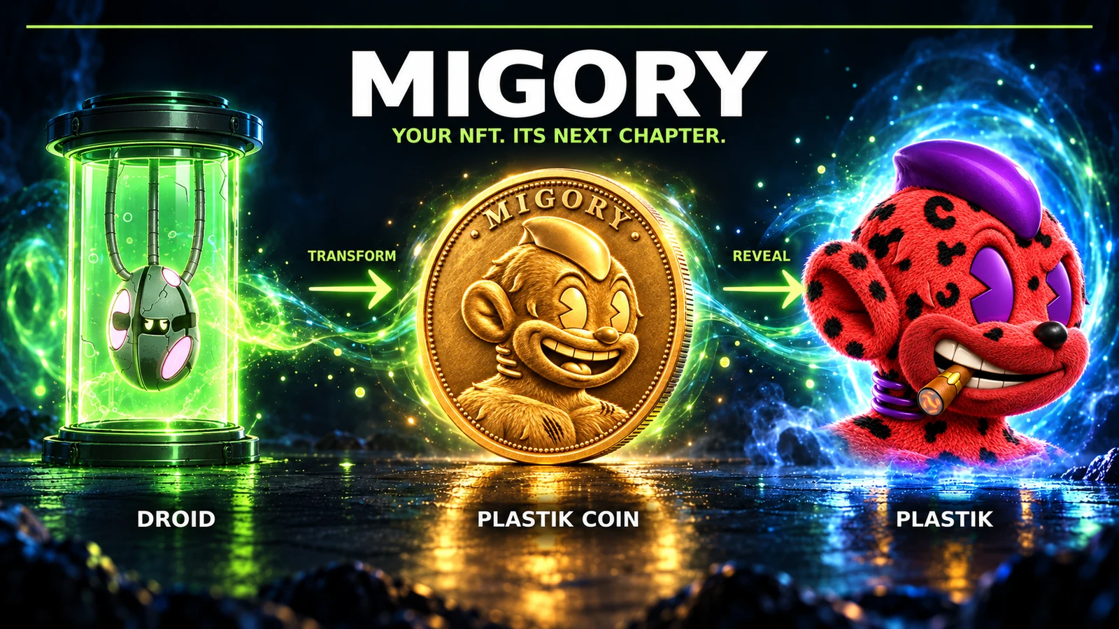 MIGORY transformation banner: a Droid becomes a Plastik coin, then reveals a red and purple Plastik character.
