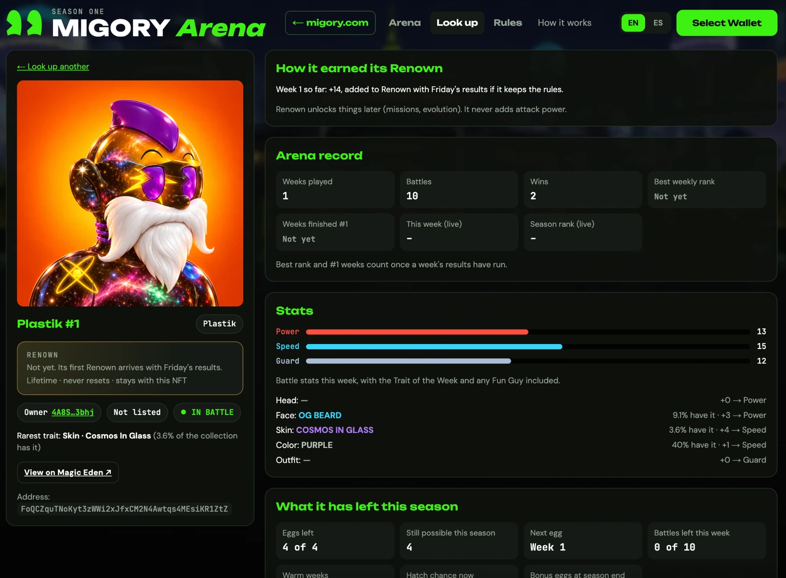 English Arena profile for Plastik #1 showing Renown and battle history.