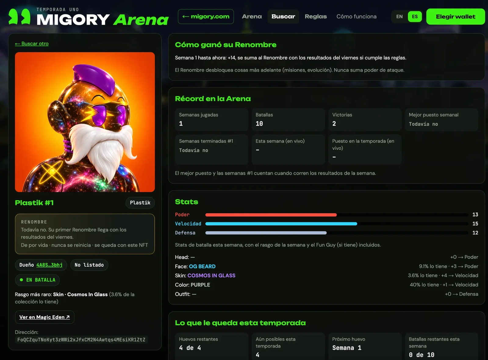Perfil en español de Plastik #1 en La Arena, con su Renombre e historial de batallas.