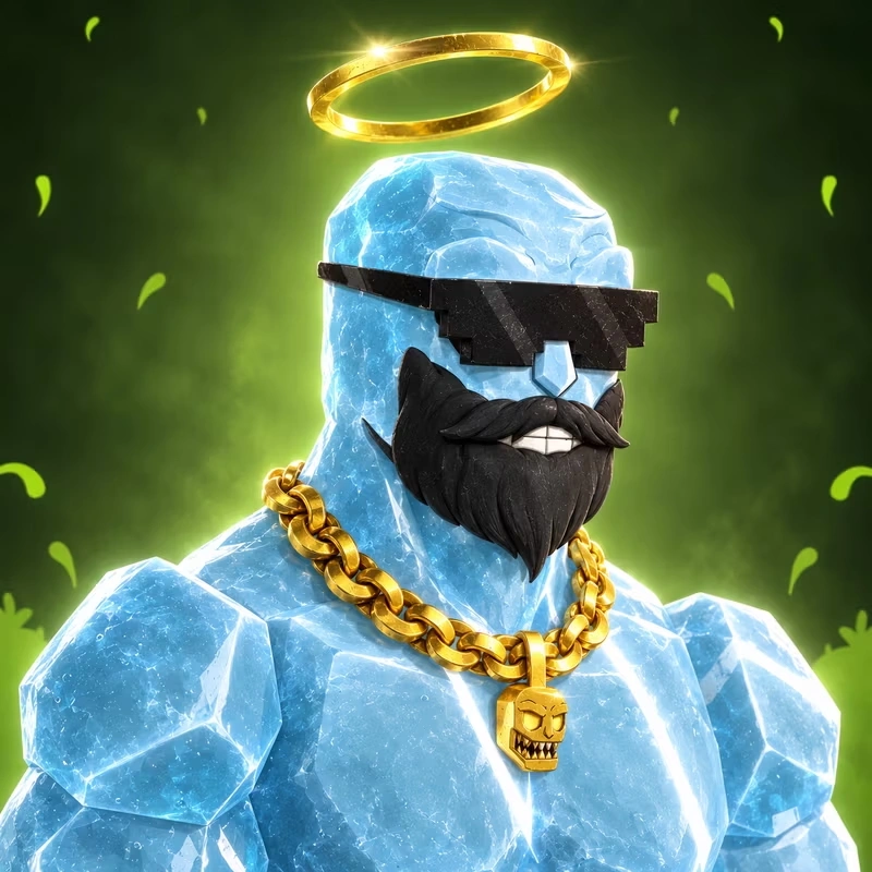 Blue crystalline Terrestrial wearing a golden halo, black sunglasses, a beard and a gold chain against a glowing green background.