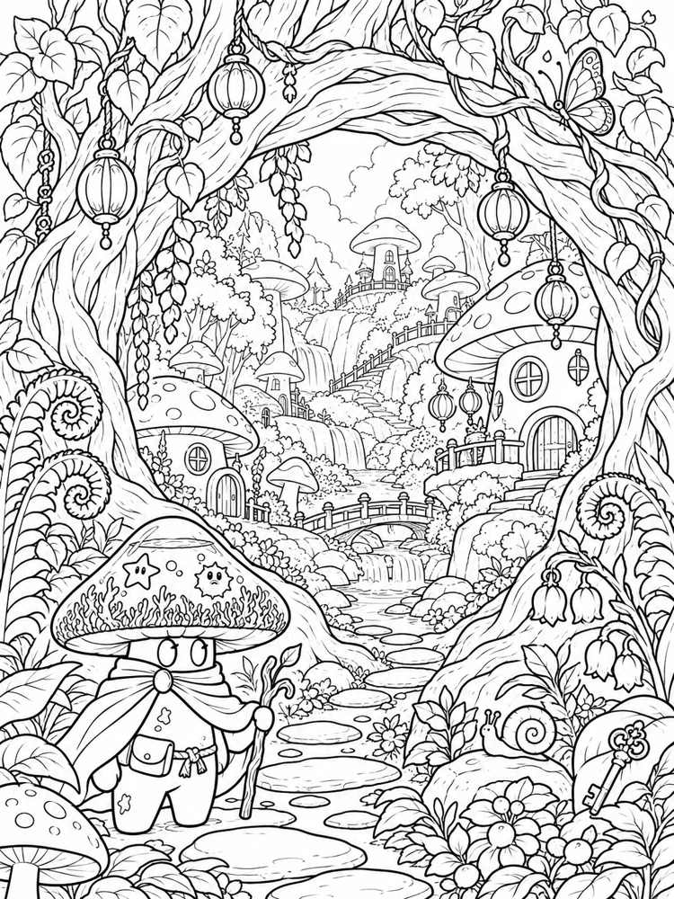 Fun Guy exploring a botanical portal and mushroom village in black-and-white line art