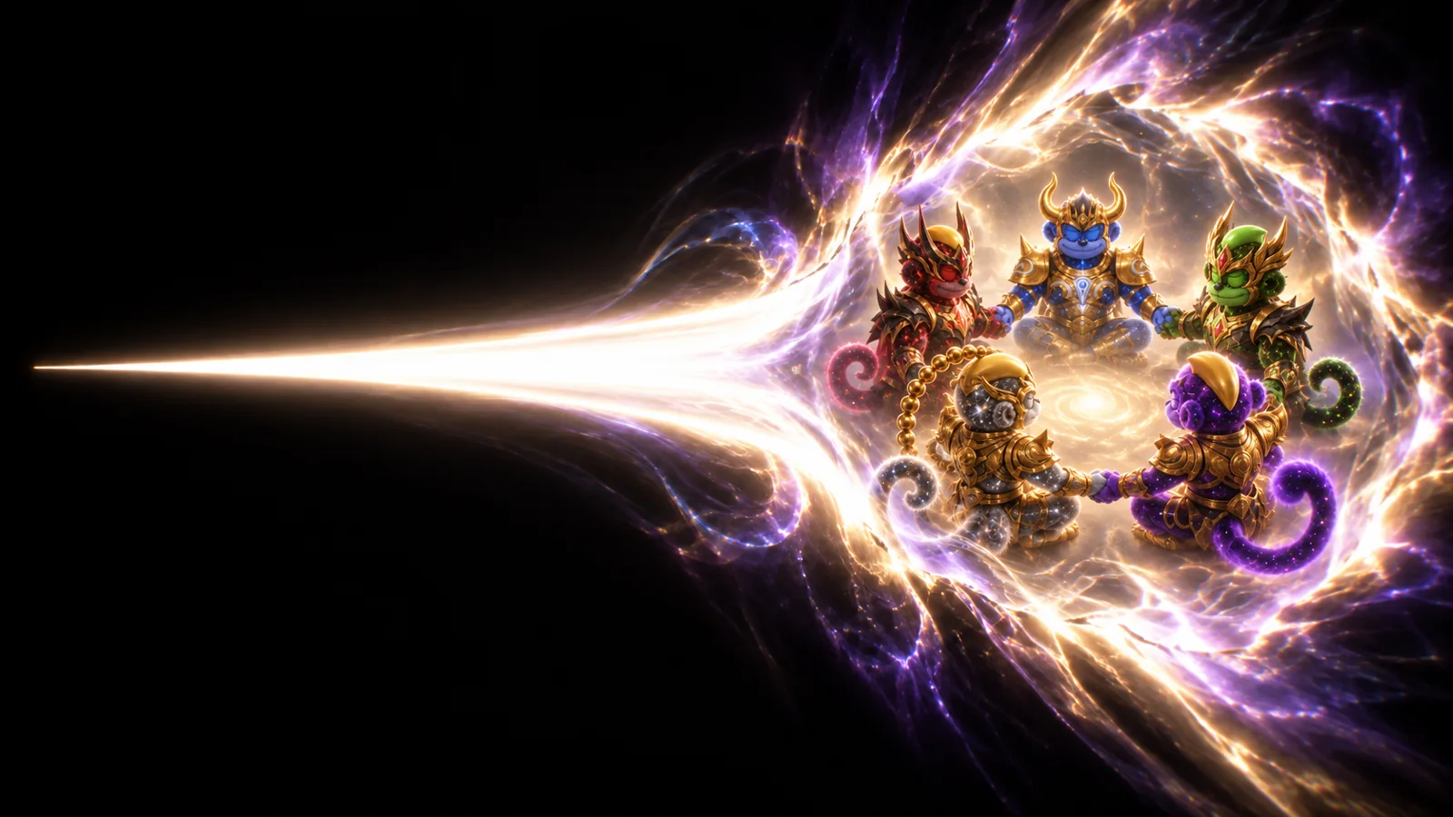 Five dreamers hold hands beyond a luminous wormhole.