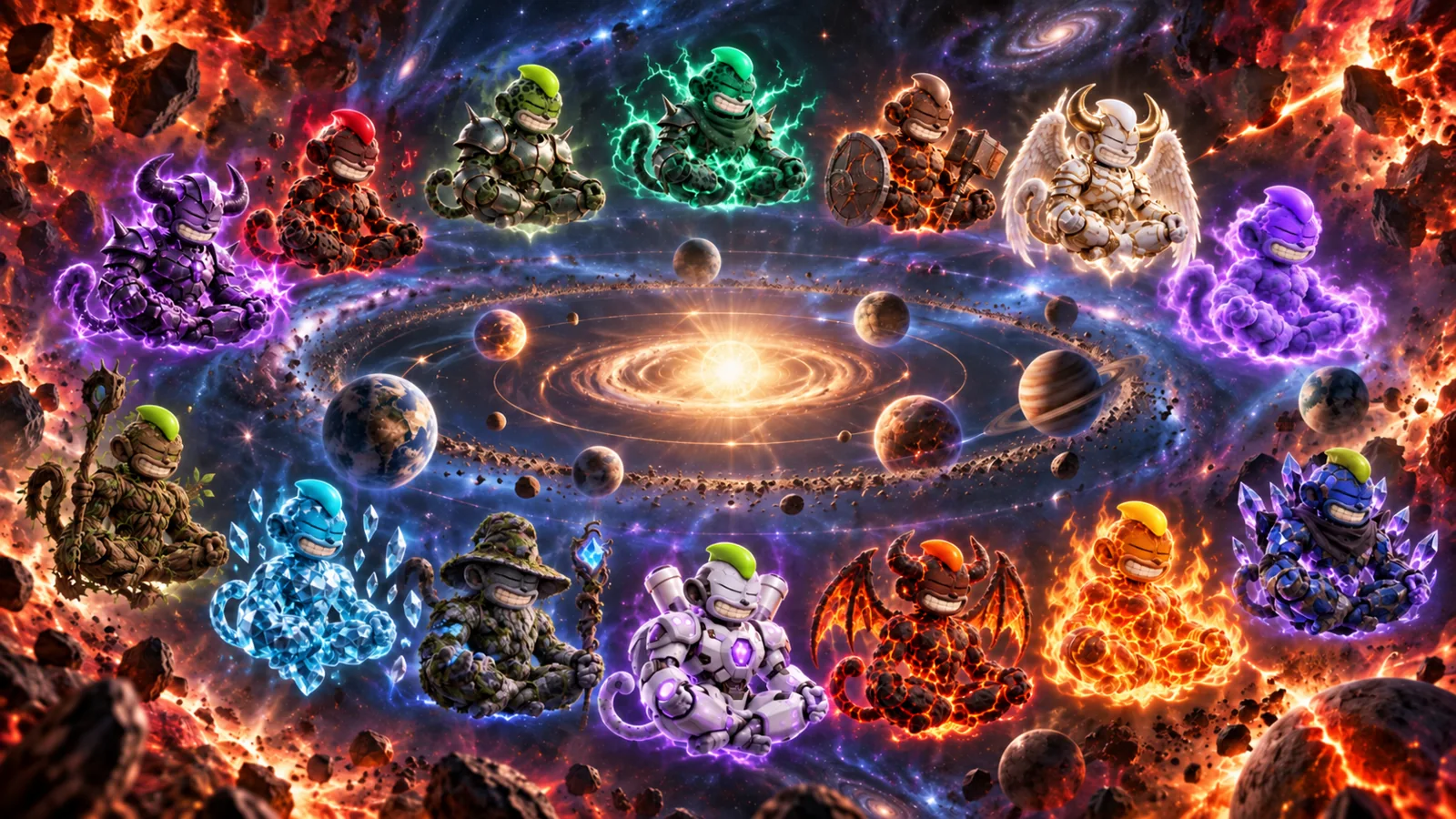 Fourteen Singularity Plastiks meditate as worlds take shape around them.