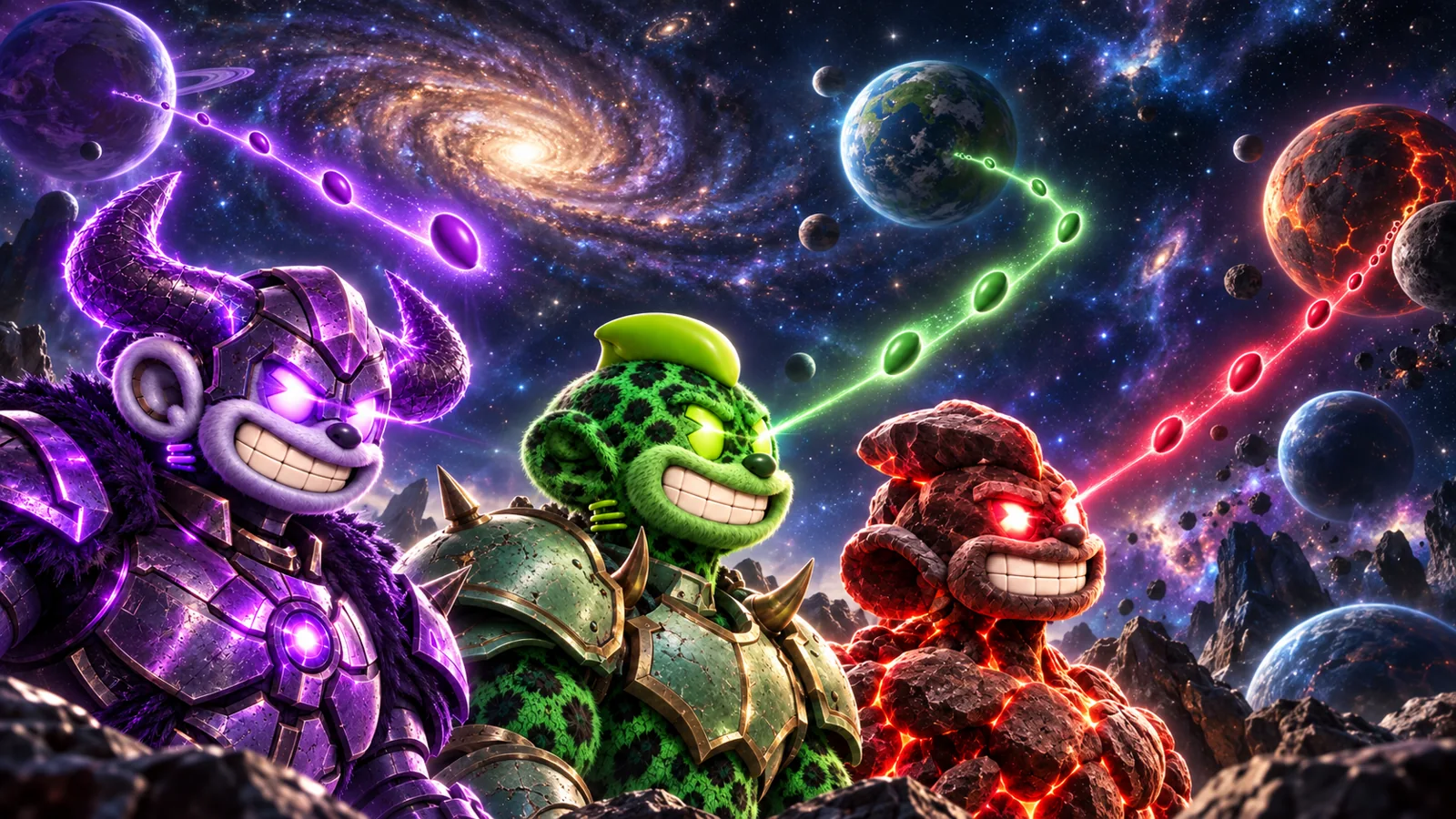 Purple, green and red beams carry smaller capsules toward distant worlds.