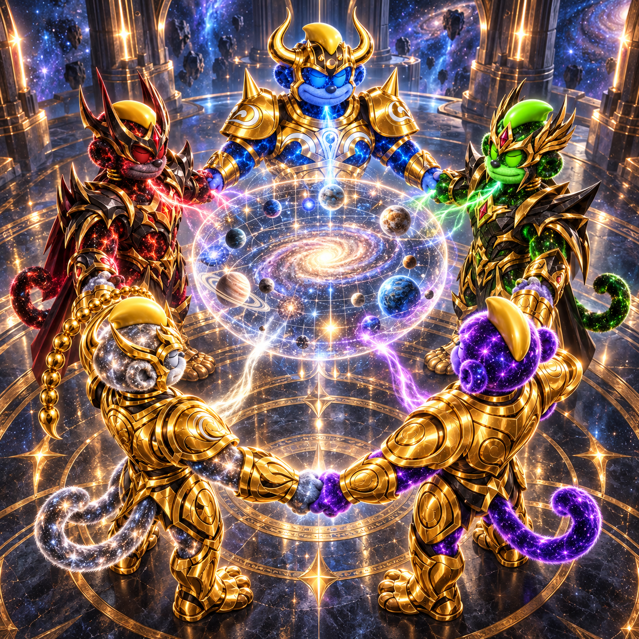 Five gold-armored Transcendent Plastiks holding hands around a glowing miniature universe in a cosmic realm
